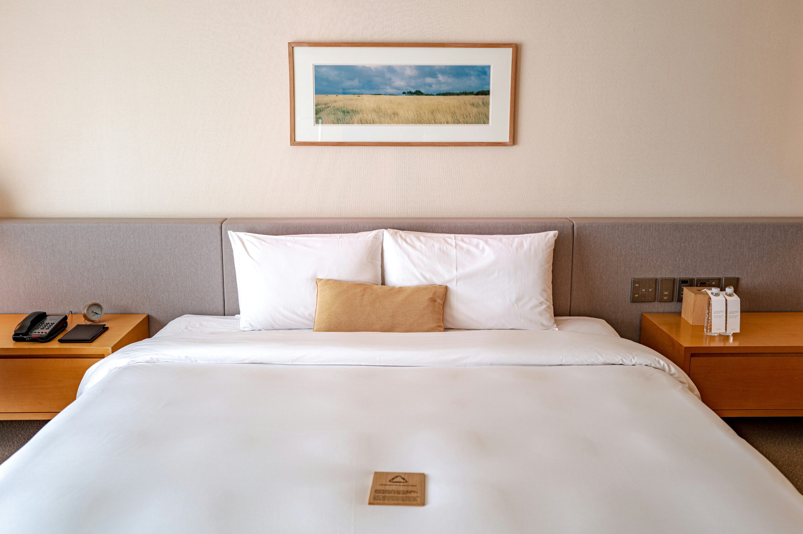 Cama de hotel com enxoval branco, dois travesseiros e almofada bege; cabeceira estofada cinza, quadro de paisagem e mesas laterais com telefone e amenities.