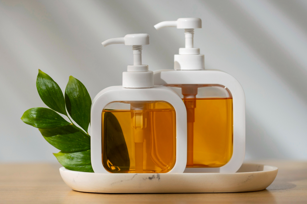 Dois frascos brancos de dispenser com líquido âmbar sobre uma bandeja clara, acompanhados de folhas verdes usadas como detalhe decorativo.