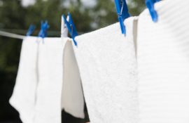 Toalhas brancas em varal, presas por prendedores azuis, secando ao ar livre com fundo de árvores desfocado.