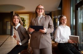 Três mulheres em ambiente corporativo de hotelaria, vestidas com roupas sociais, segurando pranchetas e tablet, sorrindo em um lobby moderno.